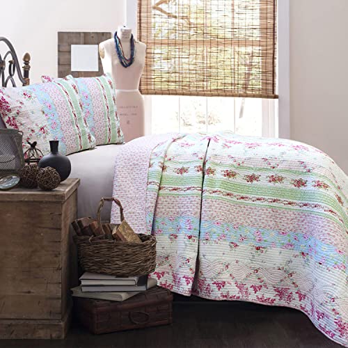 Cozy Line Home Fashions 100% Cotton Real Patchwork Pink Floral Cottage Shabby Chic Reversible Quilt Bedding Set, Bedspread, Coverlet (Wild Rose, King - 3 Piece) Cozy Line Home Fashions