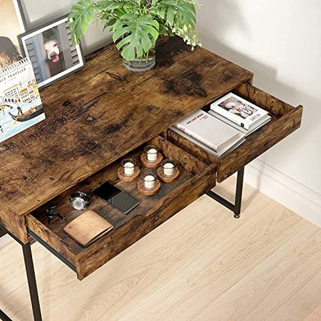 Bestier Small Rectangular Office Writing Computer Workstation Vanity Makeup Desk Minimal Elegant Simple Style with 2 Large Drawers, Rustic Brown Bestier