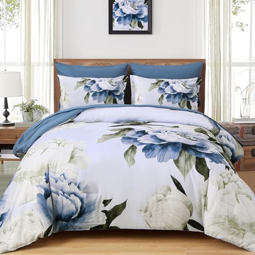 Dobuyly Blue King Size Comforter Set 7 Piece Bed in a Bag King, Blue Floral Printed on Light Blue Comforter Set with Sheets, Soft Microfiber Botanical Complete Bedding Set for All Season Dobuyly