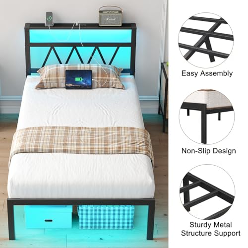 HuaYing Twin Bed Frame with Smart LED Lights, Storage Headboard and USB Charging Station,Heavy Duty Wooden Slats, No Box Spring Needed, Noise Free, Easy Assembly (Classic Black, Twin) HuaYing