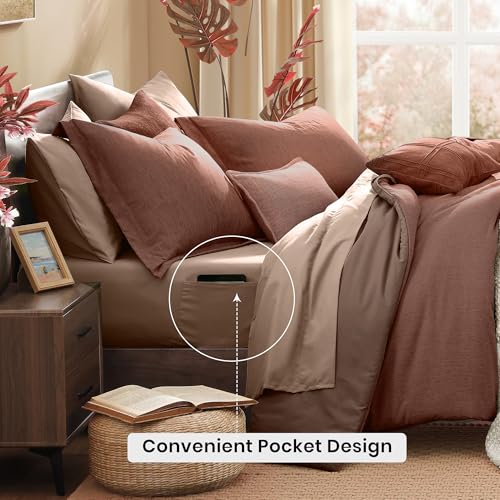Monbix Queen Comforter Set - 7 Pieces Cationic Dyeing Terracotta Bed in a Bag Queen Bedding Sets with Comforter, Sheets, Pillowcases & Shams, Reversible Bedding Comforters Sets Monbix