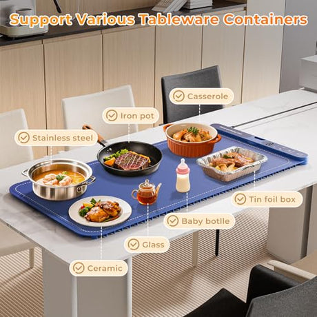 Warming Mat for Food Extra Large 32"x15", Electric Silicone Food Warmer Trays for Chafing Dishes & Buffet,Portable Countertop Food Warmers for Parties, 7-Level Temp 8-Hour Timer， Blue FJAU
