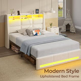 Rolanstar Twin Size Bed Frame with LED Lights and Charging Station, Upholstered Headboard with 2-Tier Storage Shelves, Heavy Duty Metal Frame, Noise-Free Support, Easy Assembly, No Box Spring Needed Rolanstar