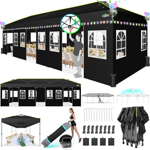 COBIZI 10x30 Pop Up Canopy Tent with Sidewalls - Party Outdoor Wedding Event for Parties - UPF 50+ Windproof Waterproof Gazebo with Air Vent, Wheeled Bag, Sandbag, Stake, Rope (Black) COBIZI