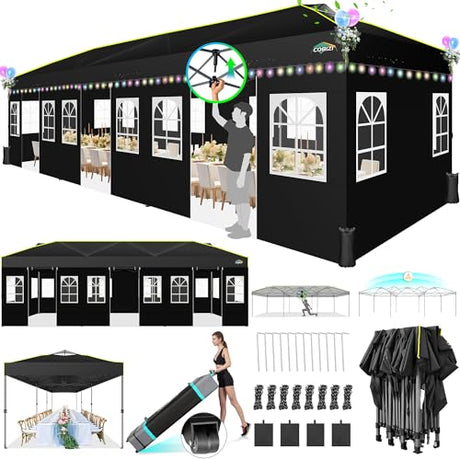 COBIZI 10x30 Pop Up Canopy Tent with Sidewalls - Party Outdoor Wedding Event for Parties - UPF 50+ Windproof Waterproof Gazebo with Air Vent, Wheeled Bag, Sandbag, Stake, Rope (Black) COBIZI