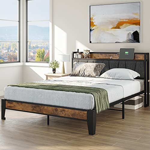 LIKIMIO Vintage Brown and Grey Queen Bed Frame with Storage Headboard and Charging Station LIKIMIO
