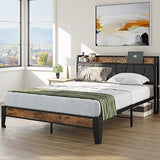 LIKIMIO Vintage Brown and Grey Queen Bed Frame with Storage Headboard and Charging Station LIKIMIO