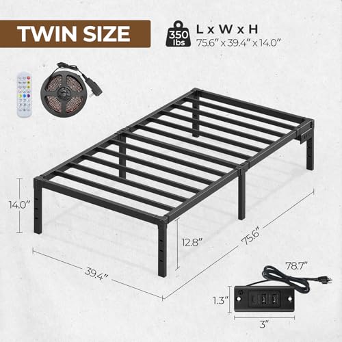 Rolanstar Bed Frame with USB Charging Station, Twin Bed Frame with LED Lights, Platform Bed Frame with Heavy Duty Steel Slats, 14" Storage Space Beneath Bed Rolanstar