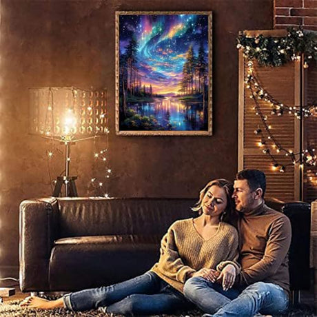 Starry Night Stamped Cross Stitch Kits for Adults - Lake Tree Embroidery Kits for Beginners Adults,11 CT Patterns Dimensions Counted Cross Stitch Kits for Adults Arts Craft 12x16 inch Tiwabb