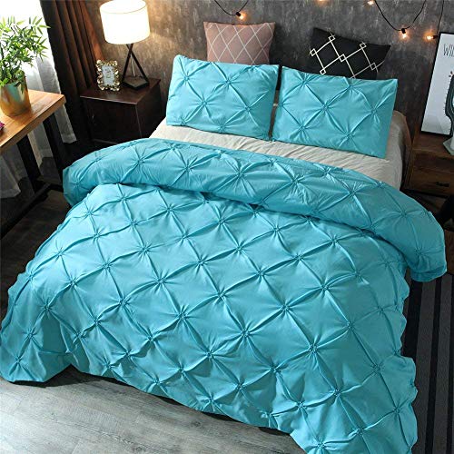Feelyou King Duvet Cover Set Pinch Pleated Bedding Sets Aqua Blue Microfiber Polyester Pintuck Tufted Comforter Cover with 2 Pillow Shams Luxury Solid Geometric, 3 Pieces Feelyou