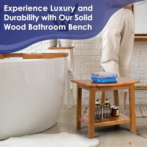 Upolana Teak Shower Bench, 20" Solid Wood Shower Stool Waterproof Shower Seat with Storage Shelf for Bathroom, Indoor & Outdoor Use - WoodArtSupply