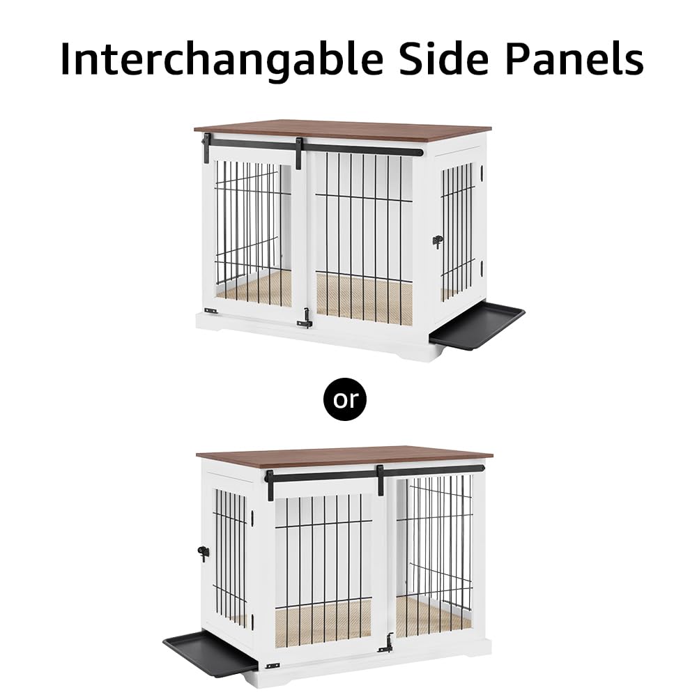beeNbkks Dog Crate Furniture with Sliding Barn Door, Stylish Double Doors Wooden Kennel with Tray and Cushion, Decorative Indoor Pet House Side End Table for Medium Large Dogs beeNbkks