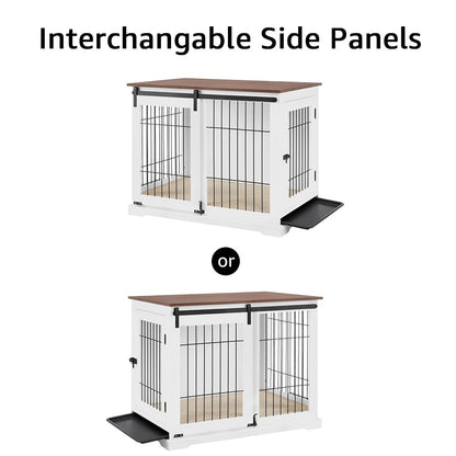 beeNbkks Dog Crate Furniture with Sliding Barn Door, Stylish Double Doors Wooden Kennel with Tray and Cushion, Decorative Indoor Pet House Side End Table for Medium Large Dogs - WoodArtSupply