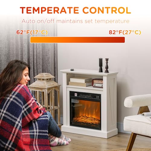 HOMCOM 27" Electric Fireplace with Mantel Surround, 1400W Replaceable Fireplace Insert Heater with Realistic Log and Flame Effect, Remote Control, Freestanding Fireplace Heater for Living Room, White