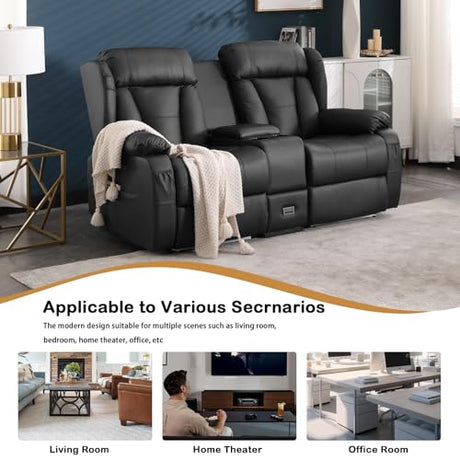 DUNELLA 66" Power Loveseat Recliner Sofa, Home Theater Seating with Console, Electric Recliner RV Sofa with USB/Type-C/Storage/Side Pocket/LED Light for Travel Trailers (Black) DUNELLA