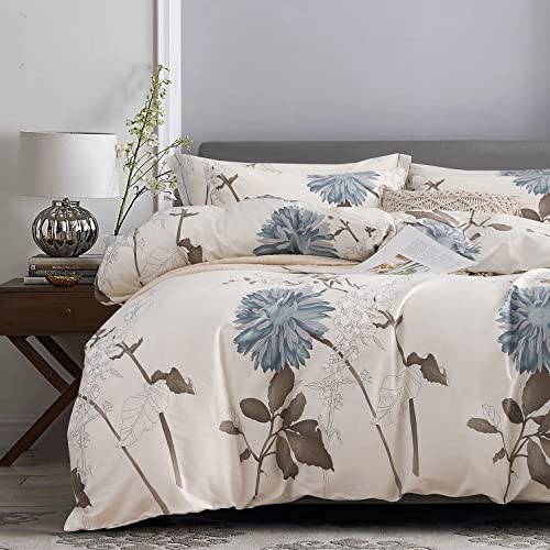 SLEEPBELLA Comforter King Size, 600 Thread Count Cotton Brown Branches and Blue Flowers Off-White Comforter Sets, Down Alternative Bedding Set 3Pcs(King, Off-White Botanical) SLEEPBELLA