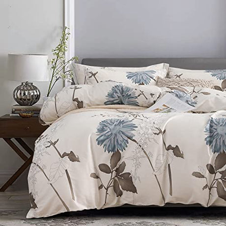 SLEEPBELLA Comforter King Size, 600 Thread Count Cotton Brown Branches and Blue Flowers Off-White Comforter Sets, Down Alternative Bedding Set 3Pcs(King, Off-White Botanical) SLEEPBELLA