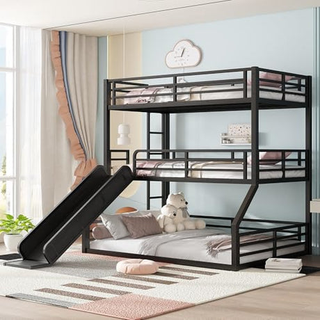 Harper & Bright Designs Metal Triple Bunk Bed with Slide, Twin Over Twin Over Full Bunk Bed with Safety Guardrails, Heavy-Duty Bunkbeds with Noise-Reduced Design, No Box Spring Needed, Black Harper & Bright Designs