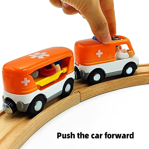 Magnetic Trains Cars Playset Wooden Train Track Accessories Train Set for Toddlers 3-5 Wooden Train Sets for Boys Ages 2-4-7 (Ambulance B (with Light and Sound)) DSHMIXIA