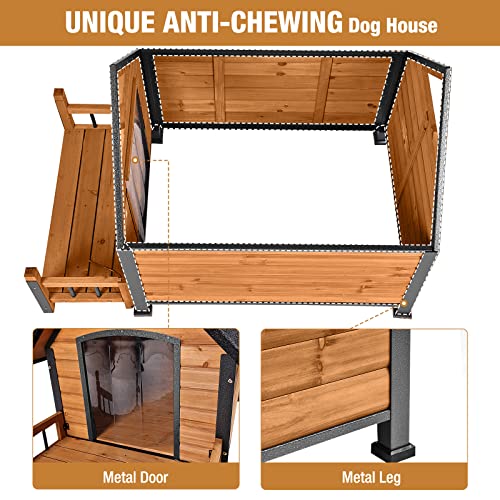 Dog House with Anti-Bite Metal Iron Frame Outdoor Wooden Dog Kennel Indoor Puppy Shelter for Small Medium Large Dogs Weatherproof(Brown)