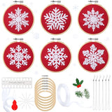 Roowest 6 Sets Winter Embroidery Kits for Beginners Adults Winter Snowflakes Cross Stitch Embroidery Ornament Kit DIY Craft Needlepoint Sets with Pattern Instructions Thread Needle Ribbon(Red)