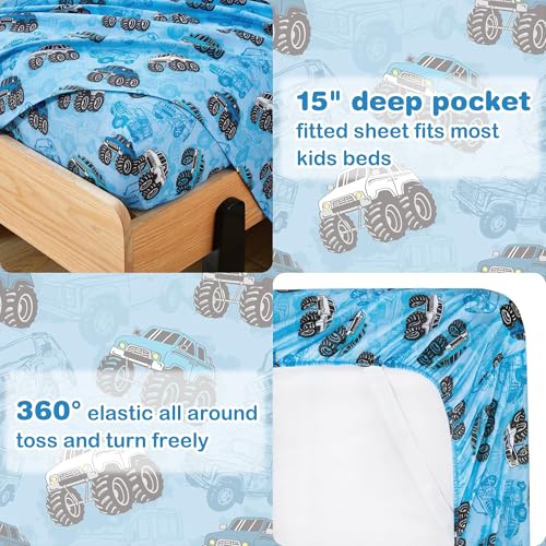 Softan Kids Bed Sheet Set, Boys Twin Size Sheets, Microfiber Kids Fitted Sheet and Pillowcase, Breathable and Silky Soft, 3 Piece Jeep Trucks Printed Twin Bed Sheet Softan