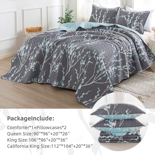 Andency Quilt King Size Grey Blue (106x96 Inch), 3 Pieces Floral Lightweight Bedding Set, Microfiber Reversible Flower Quilted Bedspread Coverlet with 2 Pillowcases for Men Women