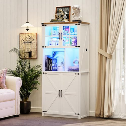 FREDEES Farmhouse Bar Cabinet with LED Light, 68'' Tall Liquor Cabinets with Wine & Glass Holder, Large Kitchen Hutch with Doors and Storage Shelves, White Coffee Bar Sideboard Buffet - WoodArtSupply