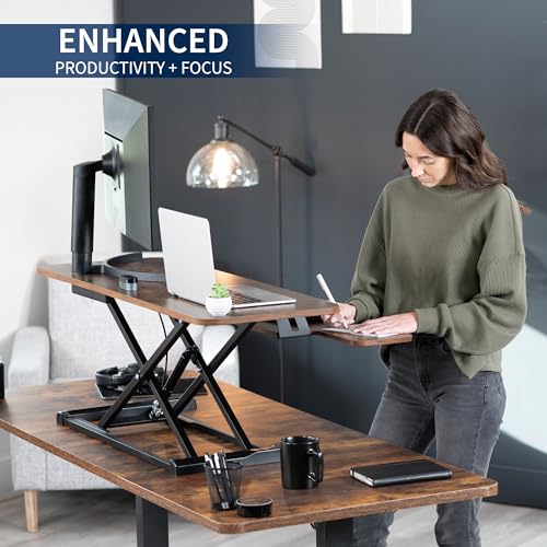 VIVO 42 inch Desk Converter, K Series, Height Adjustable Sit to Stand Riser, Dual Monitor and Laptop Workstation with Wide Keyboard Tray, Rustic Vintage Brown Top, Black Frame, DESK-V042KN VIVO