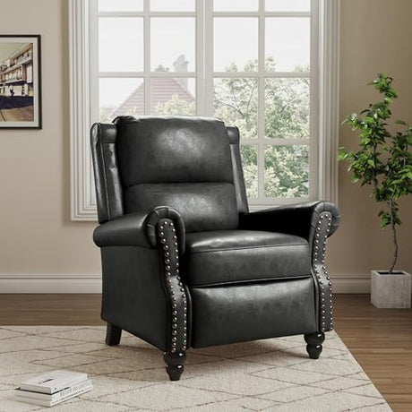 Pushback Recliner Chair, Faux Leather Wingback Recliner Chair, Upholstered Armchair Push Back Recliner with Wood Legs, Rivet Trim Single Sofa Accent Chair for Living Room, Bedroom, Black Qatiby