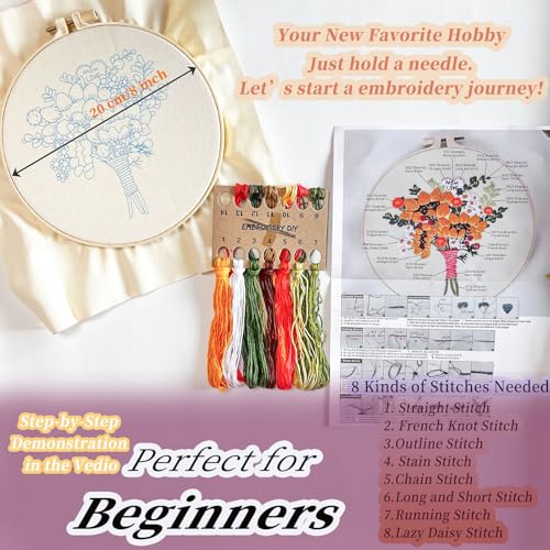 FONNUY Bouquet Flowers Embroidery Kit Love Mom for Beginners, Pre-Stamped Pattern Kits for Adults with Hoop, Easy to Follow Color Thread Needlework, 8'' Hoop (Sunflowers)