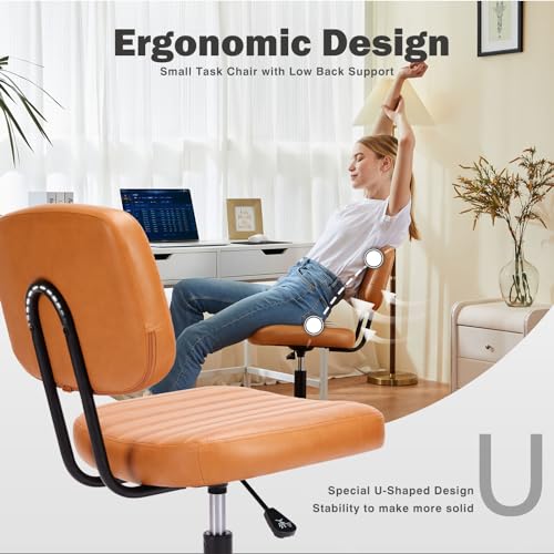 DUMOS Small Armless Home Desk Chair with Low Back Lumbar Support, Height Adjustable PU Leather Computer Task with 360° Swivel Wheels, for Small Space, Kids and Adults, Brown DUMOS