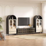 Curtainboro 70in Tall Arched Pantry Cabinet, Wooden Kitchen Bookcase Storage Cabinet with LED Light 3 Drawers Adjustable Shelves Glass Door for Kitchen Living Dining Room, Oak & Black Curtainboro