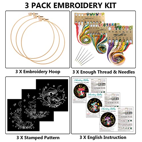 Nuberlic 3 Pack Embroidery Kit for Adults Beginners, Stamped Cross Stitch Starter Kit with Mushroom Patterns, Embroidery Hoops, Threads, Needles & Instructions, DIY Needlepoint Craft Gift