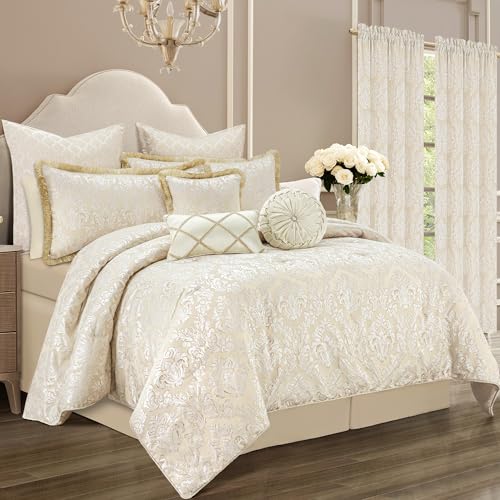 Loom and Mill 9-Piece Elegant Damask Comforter Sets Jacquard Medallion Design, Ultra Soft Floral Bedding with Euro Shams, Bedskirt, Filled Decorative Pillow for Home (Beige White, Queen) Loom and Mill