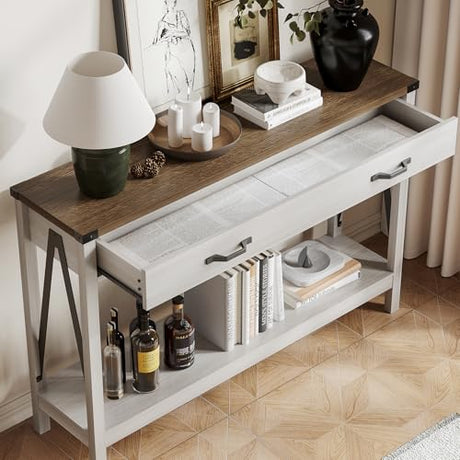 ChooChoo 47'' Farmhouse Console Table with Drawer, Entryway Table with Storage Shelf, Rustic A-Design Sofa Table for Hallway, Entrance, Living Room, White&Brown ChooChoo