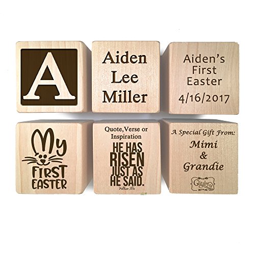 Baby's First Easter Gift 2024 - Personalized Block Easter Gift Custom Engraved Wooden Baby Block for Boy and Girl Choose Image Easter Basket Bunny Egg He is Risen My First Easter Cross Glitzby