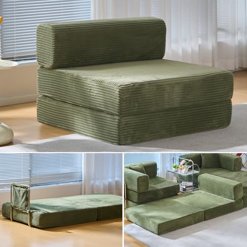 GEARIVY Folding Sofa Bed Convertable Corduroy Couch King Size Floor Sleeper 4-in-1 DIY Combination Modular Sofa Fold Out Futon Lounge Comfy Foldable Lazy cama for Living Room (Green, 39.37″S-HR) GEARIVY