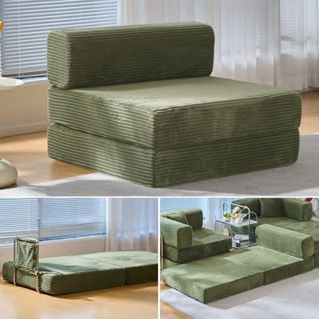 GEARIVY Folding Sofa Bed Convertable Corduroy Couch King Size Floor Sleeper 4-in-1 DIY Combination Modular Sofa Fold Out Futon Lounge Comfy Foldable Lazy cama for Living Room (Green, 39.37″S-HR) GEARIVY
