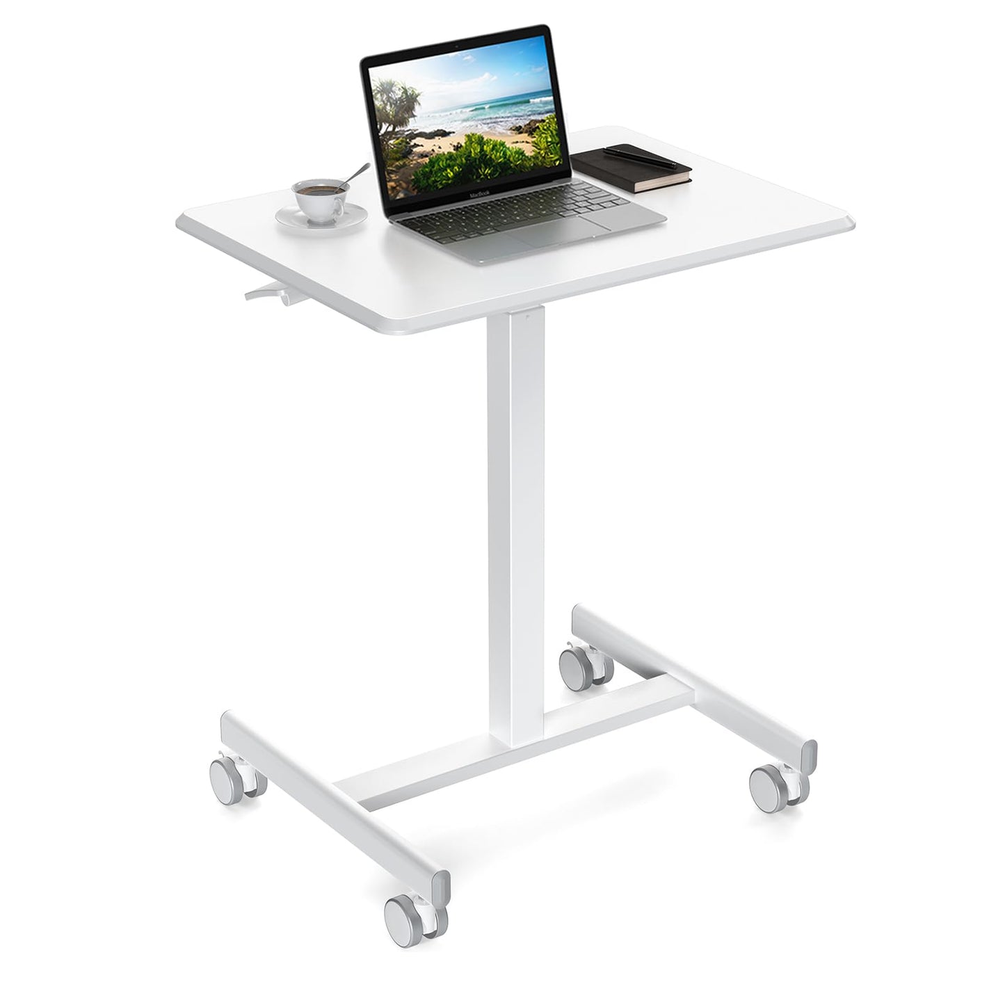 YSSOA Mobile Small Standing Desk - Rolling Desk with Adjustable Height and Lockable Wheels, Sit-Stand Laptop Table, Portable Computer Workstation, Cream White