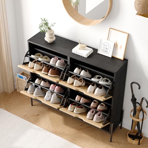 Algglobuy Large Rattan Shoe Cabinet Storage with 4 Flip Drawers & 3-Tier Adjustable Shelves, Slim Shoe Cabinet for Entryway, Modern Hidden Shoe Rack Cabinet, Black Algglobuy