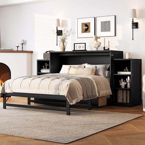 KEIKI Full Size Murphy Bed Chest, Folding Cabinet Wall Bed Frame with Storage Drawers & Shelves, Space Saving Hideaway Cabinets Beds Frames for Apartment Bedroom Guest Room, Wood Slat Support, Gray KEIKI