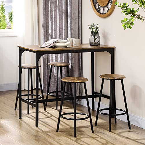 HOMCOM Rustic 5-Piece Counter Height Bar Table Set with 4 Stools - Industrial Brown Dining Ensemble HOMCOM