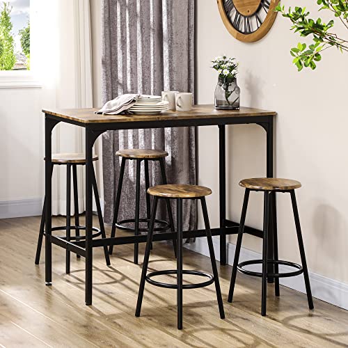 HOMCOM 5-Piece Counter Height Bar Table Set, Rustic 43.25" Dining Table with 4 Bar Stools, Kitchen Table with Wooden Top for Pub, Dining Room, Rustic Brown