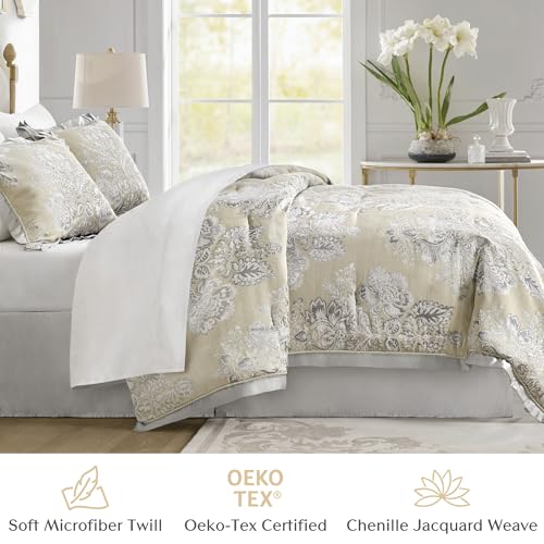 CROSCILL King Comforter Set, Luxe Chenille Jacquard Floral Medallion, Microfiber Twill Comforter for a King-Size Bed, Oversized Comforter King Bedding, 2 Shams & Bedskirt, Loretta, Beige 4 Piece Croscill