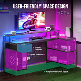 DUMOS 53” Gaming Desk with USB Charging Ports & LED Lights, Reversible L Shaped Desks Computer Corner Gamer Table with Power Outlets Monitor Stand Storage Shelves for Home Office Small Space, Black DUMOS