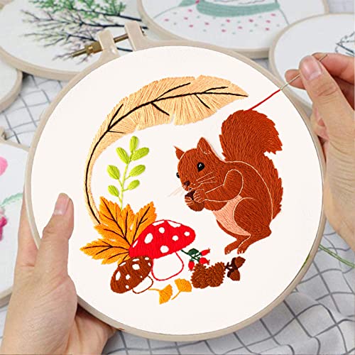 Louise Maelys 3 Set Animal Embroidery Kits for Beginners with Autumn Squirrel Hedgehog Fox Pattern,Adults Starter Cross Stitch Kit DIY Needlepoint