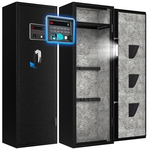 EMAXEE 7-8 Biometric Gun Safe Rifle, Large Gun Safes for Home Rifle and Pistols with Upgraded Control Panel and LED Light, Quick Access Fingerprint Gun Cabinet with Removable Shelf and Gun Racks EMAXEE