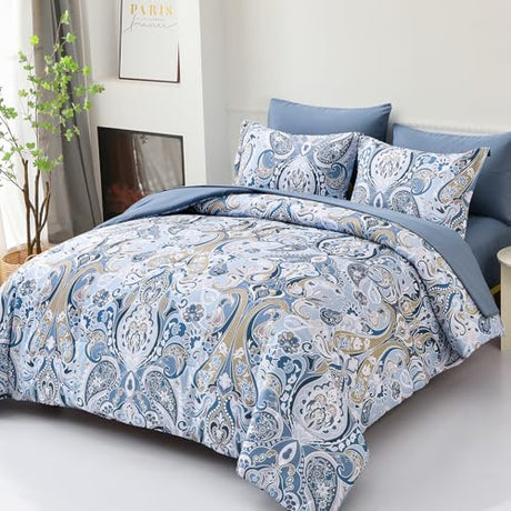 Drucon Blue Paisley Comforter Set Queen, 7 Pieces Bed in a Bag Boho Comforter Soft Microfiber Blue Paisley Bedding(1 Comforter, 1 Flat Sheet, 1 Fitted Sheet, 2 Pillow Shams, 2 Pillowcases) Drucon