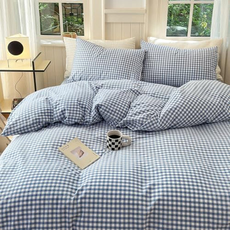Blue Gingham Comforter Set Queen Modern Plaid Checkered Pattern Comforter 3 Pieces Blue Grid Comforter with 2 Pillowcases Soft Fluffy Gingham Bedding Set Farmhouse Plaid Comforter Set for All Seasons LifeTB